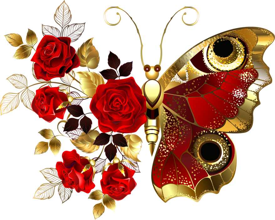 Red flower butterfly with red roses